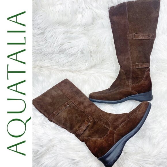 AQUATALIA SUEDE LEATHER KNEE BOOTS LOW WEDGE CHOCOLATE BROWN, Size 38 - Picture 3 of 14